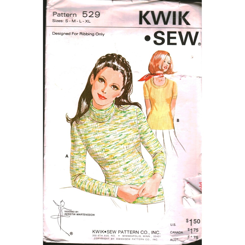 Vintage Kwik Sew 529 Ribbed Pullover Pattern Turtleneck Scoop Neck S-XL Retro